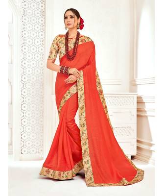 Orange Poly Silk Stone work with Big Border Fancy Designer Saree 1