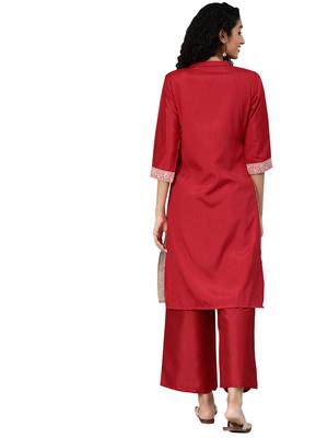 Women's Red Colour Solid Straight Polysilk Kurta 2