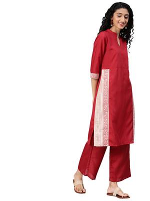 Women's Red Colour Solid Straight Polysilk Kurta 3