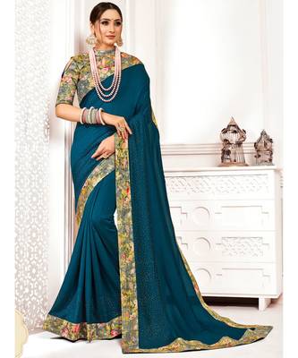 Blue Poly Silk Stone work with Big Border Fancy Designer Saree 1