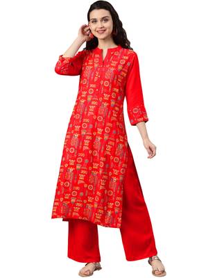 Women's Red Colour Foli Print Straight Rayon Kurta 1