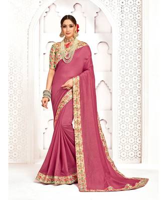 Pink Poly Silk Stone work with Big Border Fancy Designer Saree 1