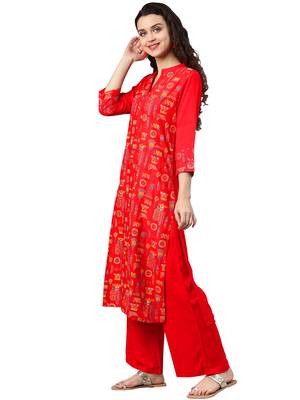 Women's Red Colour Foli Print Straight Rayon Kurta 3