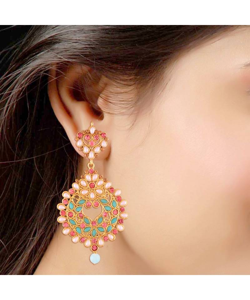 Gold Plated Traditional Kundan Pearls Dangle Earrings For Women/Girls