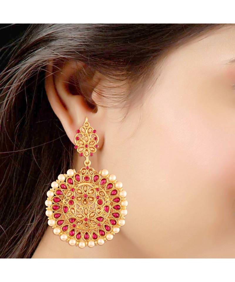 Traditional Gold Plated Kundan & Pearl Chandbali Earrings For Women