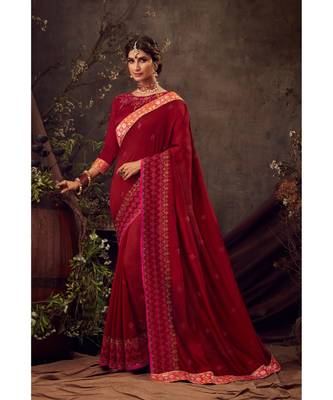 Red Poly Silk Embroidered Heavy Work Designer Saree 1