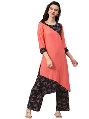 Women's Pech Colour Foli Print Straight Rayon Kurta 1