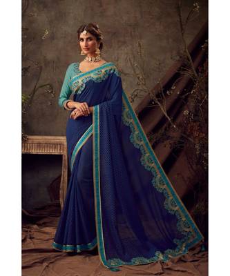 Navy Blue Poly Silk Embroidered Heavy Work Designer Saree 1