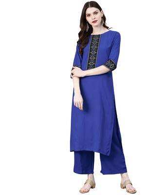 Women's Royal Blue Colour Solid Straight Rayon Kurta 1
