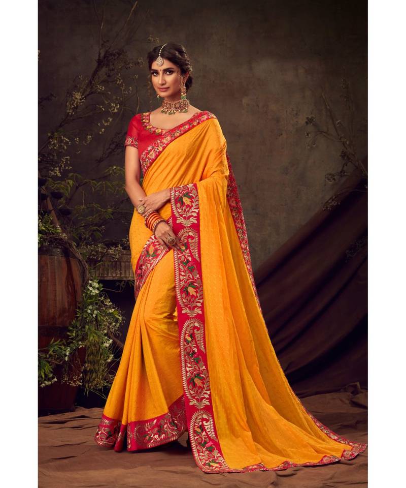 Yellow Poly Silk Embroidered Heavy Work Designer Saree