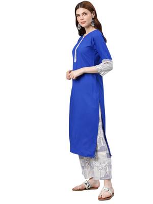 Women's Royal Blue Colour Solid Straight Rayon Kurta 3