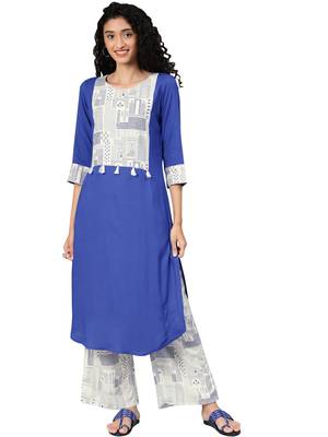 Women's Royal Blue Colour Khadi Print Straight Rayon Kurta 1
