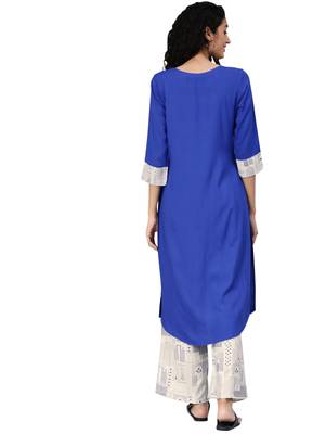Women's Royal Blue Colour Khadi Print Straight Rayon Kurta 2