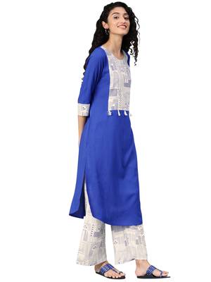 Women's Royal Blue Colour Khadi Print Straight Rayon Kurta 3
