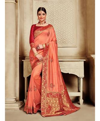 Orange Poly Silk Embroidered Jaquard Pallu Heavy Work Saree 1