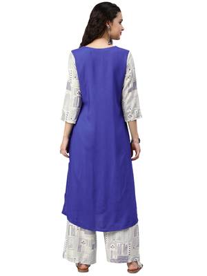 Women's Royal Blue Colour Khadi Print Straight Rayon Kurta 2