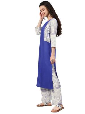 Women's Royal Blue Colour Khadi Print Straight Rayon Kurta 3