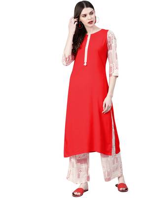 Women's Red Colour Khadi Print Straight Rayon Kurta 1