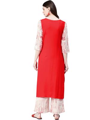 Women's Red Colour Khadi Print Straight Rayon Kurta 2