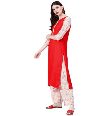 Women's Red Colour Khadi Print Straight Rayon Kurta 3