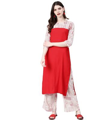 Women's Red Colour Khadi Print Straight Rayon Kurta 1