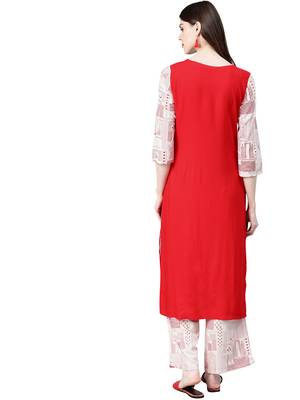 Women's Red Colour Khadi Print Straight Rayon Kurta 2