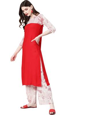 Women's Red Colour Khadi Print Straight Rayon Kurta 3