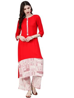 Women's Red Colour Khadi Print Straight Rayon Kurta 1