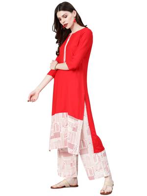 Women's Red Colour Khadi Print Straight Rayon Kurta 3