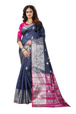 Navy Blue Woven Jacquard Saree With Blouse 1