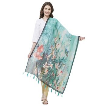 Rama Colored Digital Print Soft Chanderi Dupatta with Tassels 1