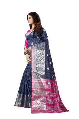 Navy Blue Woven Jacquard Saree With Blouse 2