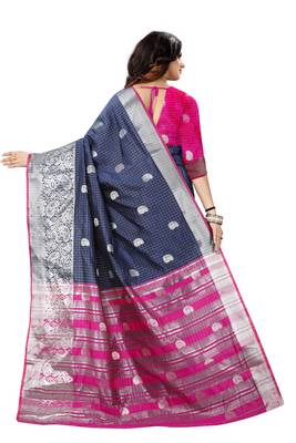 Navy Blue Woven Jacquard Saree With Blouse 3