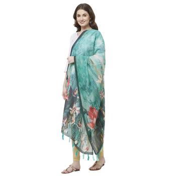 Rama Colored Digital Print Soft Chanderi Dupatta with Tassels 2