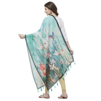 Rama Colored Digital Print Soft Chanderi Dupatta with Tassels 3
