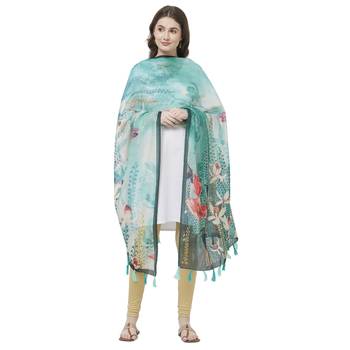 Rama Colored Digital Print Soft Chanderi Dupatta with Tassels 4