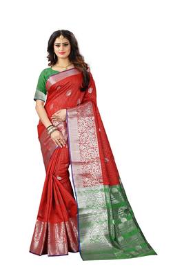 Red Woven Jacquard Saree With Blouse 1