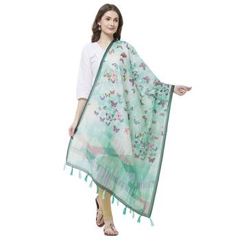 Sea Green Colored Digital Print Soft Chanderi Dupatta with Tassels 1