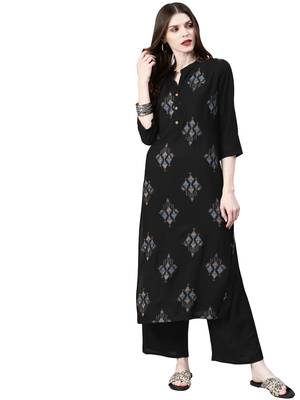 Women's Black Colour Khadi Print Straight Rayon Kurta 1