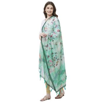 Sea Green Colored Digital Print Soft Chanderi Dupatta with Tassels 2