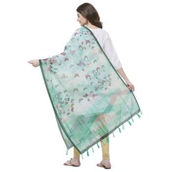 Sea Green Colored Digital Print Soft Chanderi Dupatta with Tassels 3