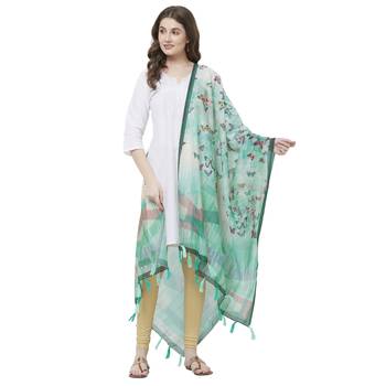Sea Green Colored Digital Print Soft Chanderi Dupatta with Tassels 4