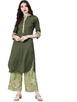 Women's Green Colour Solid Straight Polysilk Kurta 1