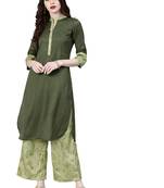 Women's Green Colour Solid Straight Polysilk Kurta