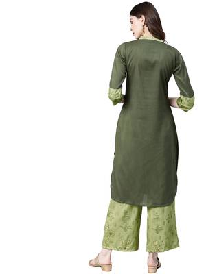 Women's Green Colour Solid Straight Polysilk Kurta 2
