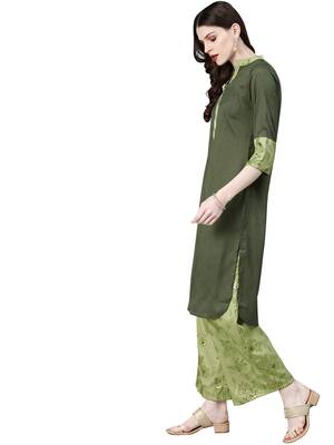 Women's Green Colour Solid Straight Polysilk Kurta 3