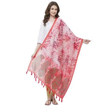 Pink Colored Digital Print Soft Chanderi Dupatta with Tassels 1