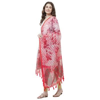 Pink Colored Digital Print Soft Chanderi Dupatta with Tassels 2