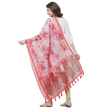 Pink Colored Digital Print Soft Chanderi Dupatta with Tassels 3