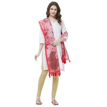 Pink Colored Digital Print Soft Chanderi Dupatta with Tassels 4